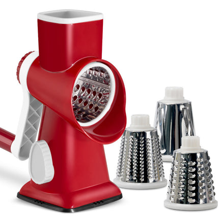 Red Rotary Cheese Grater & Vegetable Slicer - Manual Shredder with 3 Interchangeable Drums.