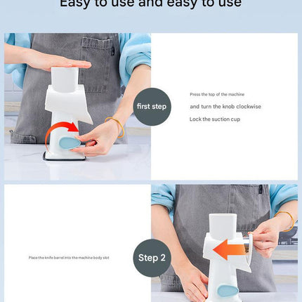 Red Rotary Cheese Grater & Vegetable Slicer - Manual Shredder with 3 Interchangeable Drums.