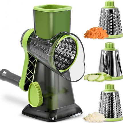 Green Rotary Cheese Grater & Vegetable Slicer - Manual Shredder with 3 Interchangeable Drums.