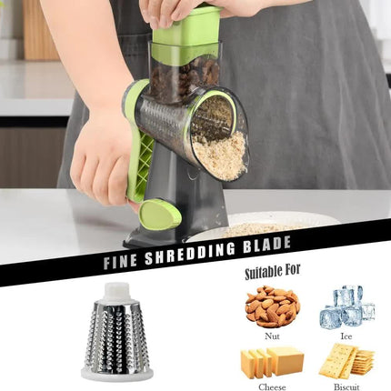 Green Rotary Cheese Grater & Vegetable Slicer - Manual Shredder with 3 Interchangeable Drums.