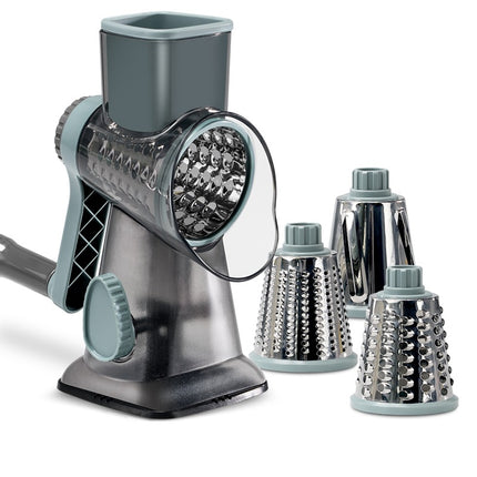 Blue Rotary Cheese Grater & Vegetable Slicer - Manual Shredder with 3 Interchangeable Drums.