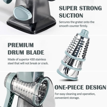Blue Rotary Cheese Grater & Vegetable Slicer - Manual Shredder with 3 Interchangeable Drums.