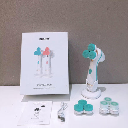 Blue 3-Head Electric Facial Cleansing Brush - Rechargeable Spin Scrubber Kit.