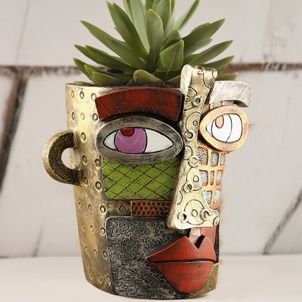 Abstract Face Planter Pot - Artistic Resin Decor for Succulents & Plants (Antique Style - 18.5*18*15CM).
