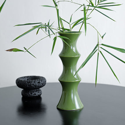 Glossy GreenCeramic Vase - Unique Bamboo-Look Design (25.5x9x7cm).