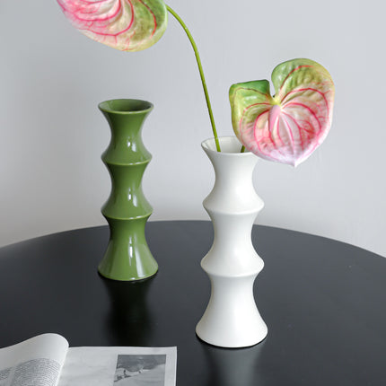 Glossy GreenCeramic Vase - Unique Bamboo-Look Design (25.5x9x7cm).