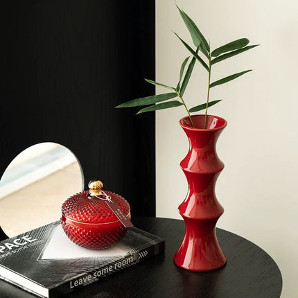 Glossy Red Ceramic Vase - Unique Bamboo-Look Design (25.5x9x7cm).