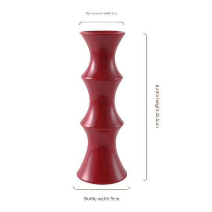 Glossy Red Ceramic Vase - Unique Bamboo-Look Design (25.5x9x7cm).