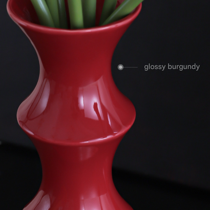 Glossy Red Ceramic Vase - Unique Bamboo-Look Design (25.5x9x7cm).