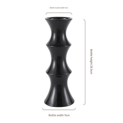 Glossy Black Ceramic Vase - Unique Bamboo-Look Design (25.5x9x7cm).