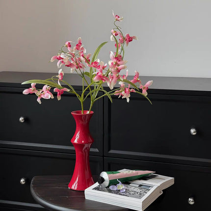 Glossy Red Ceramic Vase - Unique Bamboo-Look Design (20x8x5.5cm).