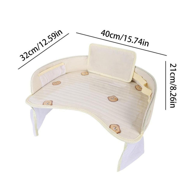 Kids Car Seat Travel Tray - Waterproof Lap Desk with Storage Pockets (Beige Bear - Round).
