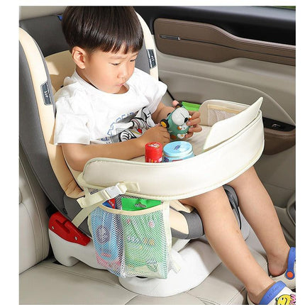 Kids Car Seat Travel Tray - Waterproof Lap Desk with Storage Pockets (Beige Bear - Round).