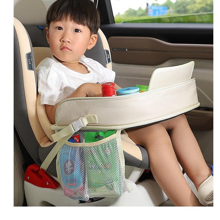 Kids Car Seat Travel Tray - Waterproof Lap Desk with Storage Pockets (Beige Bear - Round).
