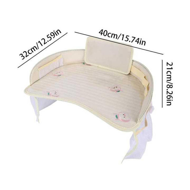 Kids Car Seat Travel Tray - Waterproof Lap Desk with Storage Pockets (Beige bunny - Round).