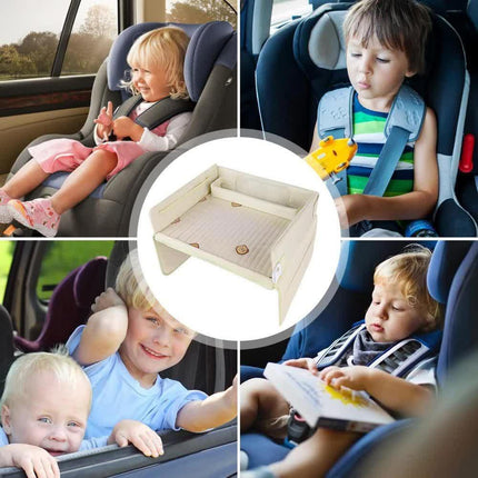 Kids Car Seat Travel Tray - Waterproof Lap Desk with Storage Pockets (Beige Bear - Square).