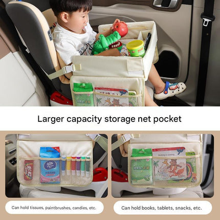 Kids Car Seat Travel Tray - Waterproof Lap Desk with Storage Pockets (Beige Bear - Square).