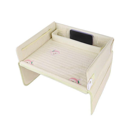 Kids Car Seat Travel Tray - Waterproof Lap Desk with Storage Pockets (Beige bunny - Round).