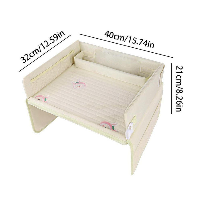 Kids Car Seat Travel Tray - Waterproof Lap Desk with Storage Pockets (Beige bunny - Round).