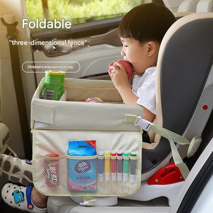 Kids Car Seat Travel Tray - Waterproof Lap Desk with Storage Pockets (Beige bunny - Round).