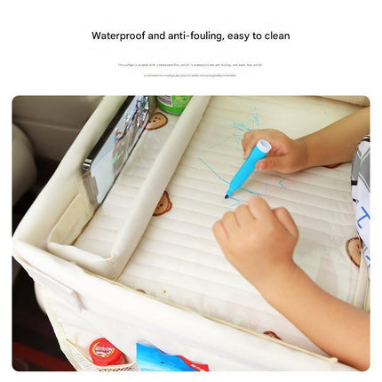 Kids Car Seat Travel Tray - Waterproof Lap Desk with Storage Pockets (Beige bunny - Round).