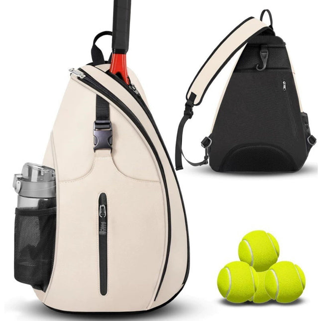 Beige Tennis Pickleball Sling Bag - Crossbody Racket Backpack for Men & Women (33x14x49cm).