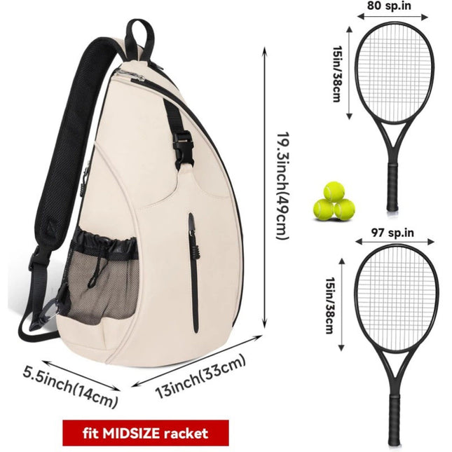 Beige Tennis Pickleball Sling Bag - Crossbody Racket Backpack for Men & Women (33x14x49cm).