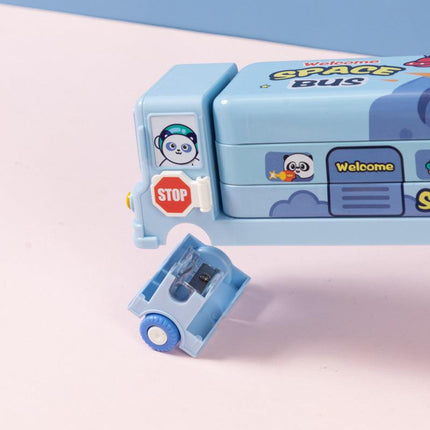 2-pcs Blue Fun School Bus Pencil Box with Built-in Sharpener - 3 Layer Large Capacity Stationery Box for Kids.