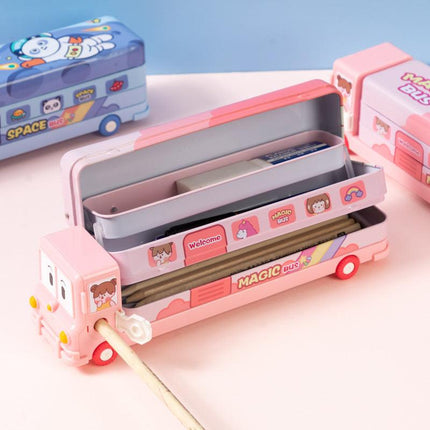 2-pcs Pink Fun School Bus Pencil Box with Built-in Sharpener - 3 Layer Large Capacity Stationery Box for Kids.