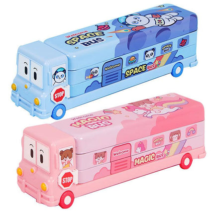 2-pcs (One pink and one blue) Fun School Bus Pencil Box with Built-in Sharpener - 3 Layer Large Capacity Stationery Box for Kids.
