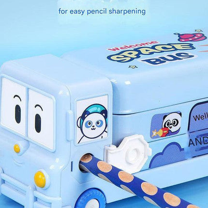 2-pcs (One pink and one blue) Fun School Bus Pencil Box with Built-in Sharpener - 3 Layer Large Capacity Stationery Box for Kids.