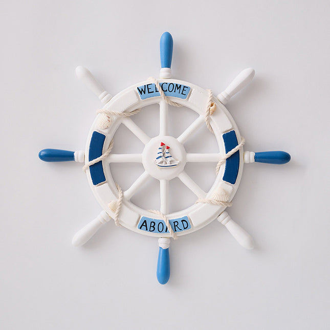 Nautical Wooden Rudder Wall Decor - 34cm Coastal Home Decor Accent (Blue and white rudder).