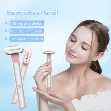 Rose Gold Electric Eye Massager Pen with Red & Blue Light Therapy - Heated Vibration Wand.