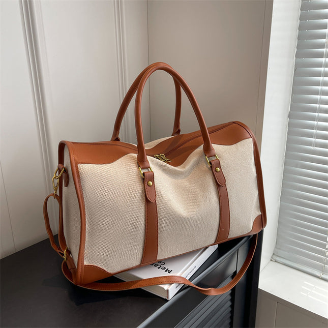 Brown Contrast Color Women's Travel Bag - Canvas & PU Leather Trim Luggage (43x27x19cm).