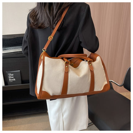 Brown Contrast Color Women's Travel Bag - Canvas & PU Leather Trim Luggage (43x27x19cm).