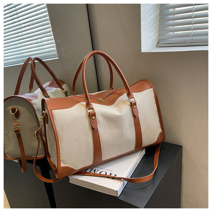 Brown Contrast Color Women's Travel Bag - Canvas & PU Leather Trim Luggage (43x27x19cm).