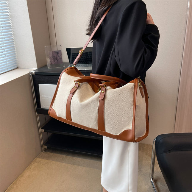 Brown Contrast Color Women's Travel Bag - Canvas & PU Leather Trim Luggage (32x21x14cm).