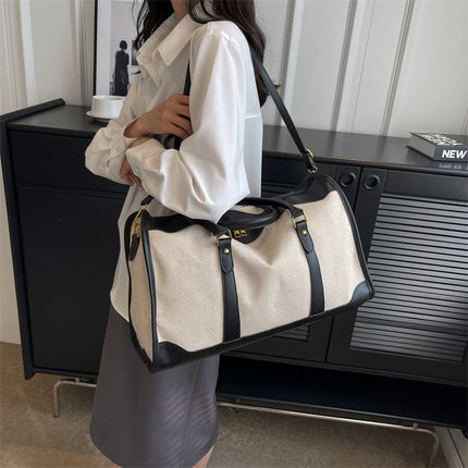 Black Contrast Color Women's Travel Bag - Canvas & PU Leather Trim Luggage (43x27x19cm).