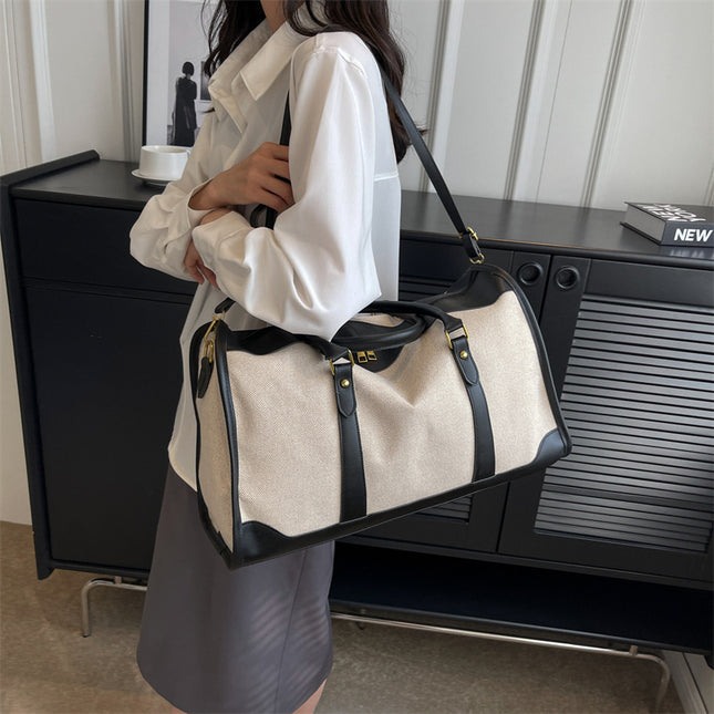 Black Contrast Color Women's Travel Bag - Canvas & PU Leather Trim Luggage (43x27x19cm).