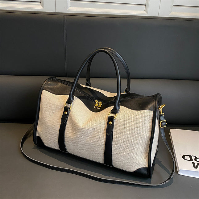 Black Contrast Color Women's Travel Bag - Canvas & PU Leather Trim Luggage (43x27x19cm).