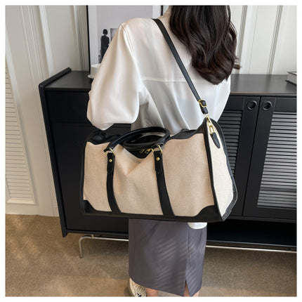 Black Contrast Color Women's Travel Bag - Canvas & PU Leather Trim Luggage (43x27x19cm).