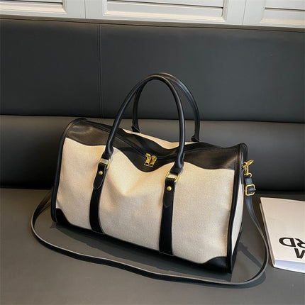 Black Contrast Color Women's Travel Bag - Canvas & PU Leather Trim Luggage (32x21x14cm).