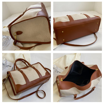 Black Contrast Color Women's Travel Bag - Canvas & PU Leather Trim Luggage (32x21x14cm).