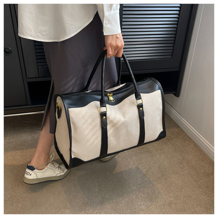 Black Contrast Color Women's Travel Bag - Canvas & PU Leather Trim Luggage (32x21x14cm).