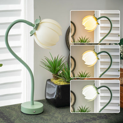 Green LED Tulip Desk Lamp - Flexible Gooseneck, Decorative Flower Table Light.