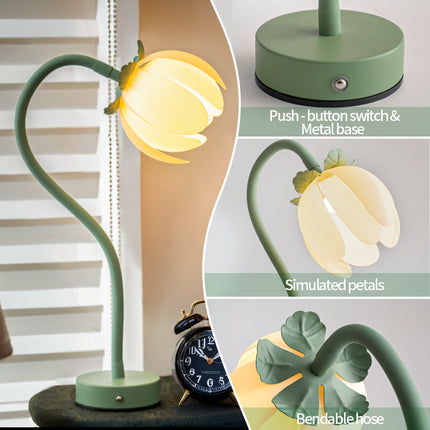 Green LED Tulip Desk Lamp - Flexible Gooseneck, Decorative Flower Table Light.
