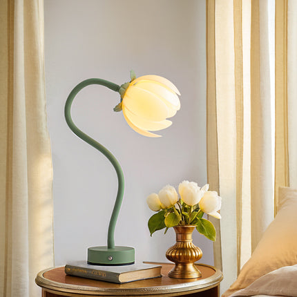 Green LED Tulip Desk Lamp - Flexible Gooseneck, Decorative Flower Table Light.