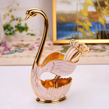 Elegant Swan Base Spoon Holder Set with 6 Coffee/Dessert Spoons(Gold and white spoon).