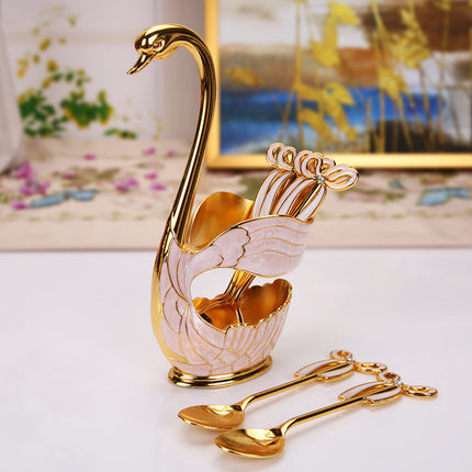 Elegant Swan Base Spoon Holder Set with 6 Coffee/Dessert Spoons(Gold and white spoon).