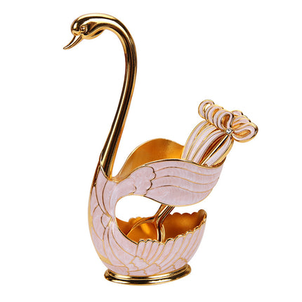 Elegant Swan Base Spoon Holder Set with 6 Coffee/Dessert Spoons(Gold and white spoon).